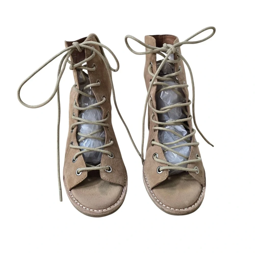 Jeffrey Campbell Free People Tan Suede Lace Up Open Toe Block Heel‎ Sandals 6
